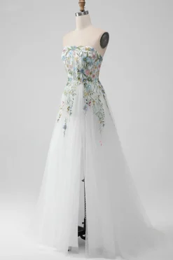 White A Line Strapless 3D Flowers Tulle Wedding Dress with Slit