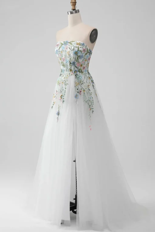 White A Line Strapless 3D Flowers Tulle Wedding Dress with Slit