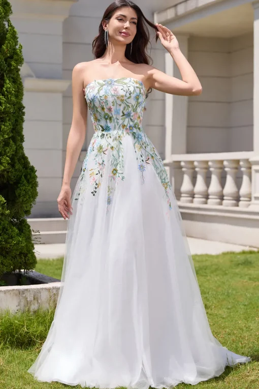 White A Line Strapless 3D Flowers Tulle Wedding Dress with Slit