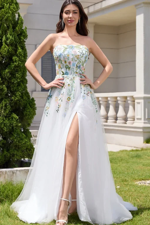 White A Line Strapless 3D Flowers Tulle Wedding Dress with Slit