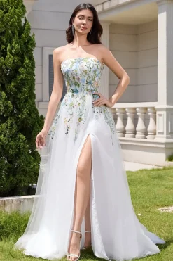 White A Line Strapless 3D Flowers Tulle Wedding Dress with Slit