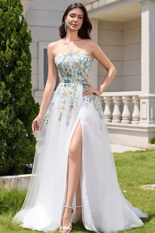 White A Line Strapless 3D Flowers Tulle Wedding Dress with Slit
