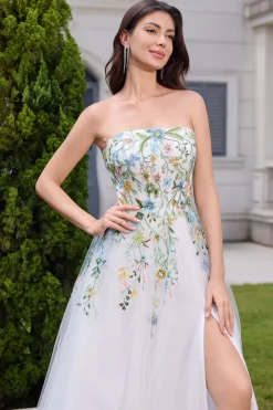White A Line Strapless 3D Flowers Tulle Wedding Dress with Slit