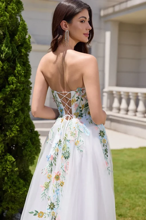 White A Line Strapless 3D Flowers Tulle Wedding Dress with Slit