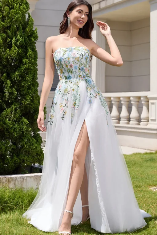 White A Line Strapless 3D Flowers Tulle Wedding Dress with Slit