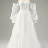 White A Line Tulle Long Sleeves Wedding Dress with Appliques Lace
