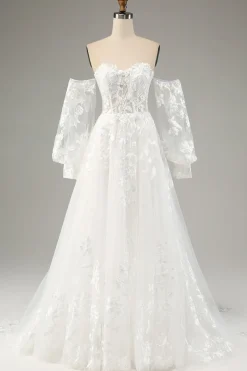 White A Line Tulle Long Sleeves Wedding Dress with Appliques Lace