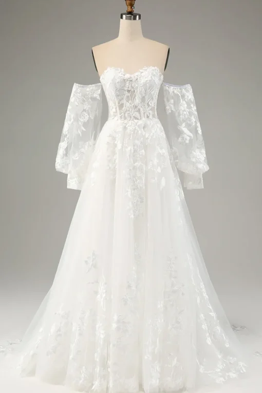 White A Line Tulle Long Sleeves Wedding Dress with Appliques Lace