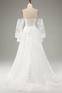 White A Line Tulle Long Sleeves Wedding Dress with Appliques Lace