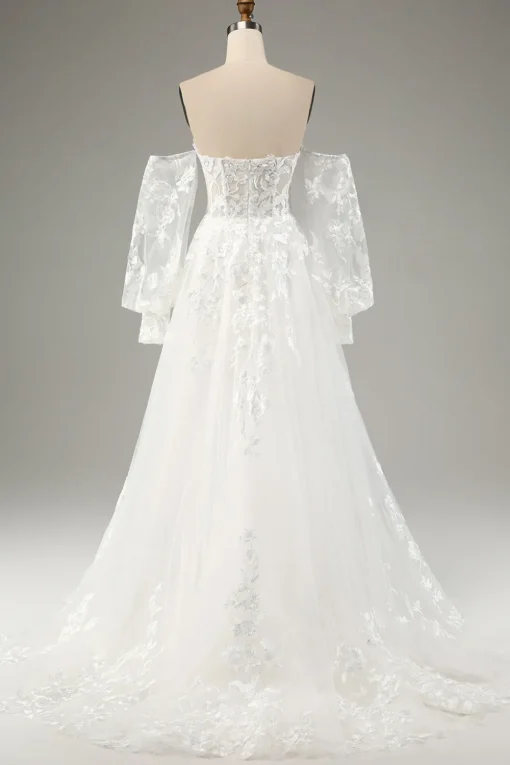 White A Line Tulle Long Sleeves Wedding Dress with Appliques Lace