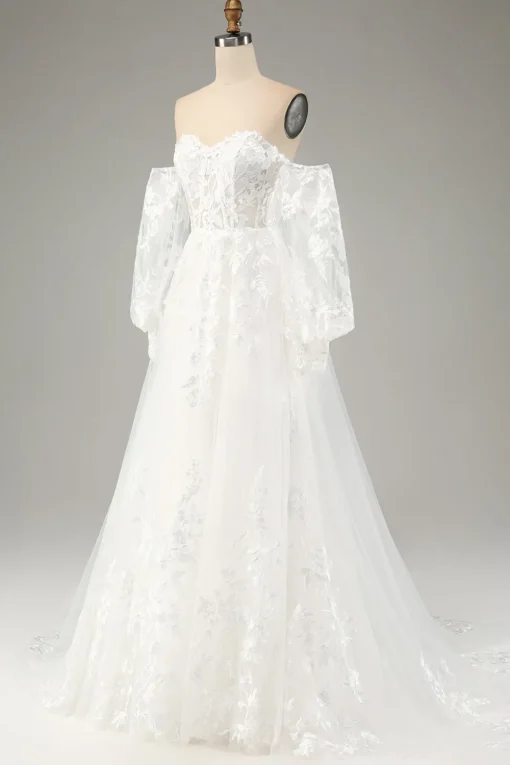 White A Line Tulle Long Sleeves Wedding Dress with Appliques Lace