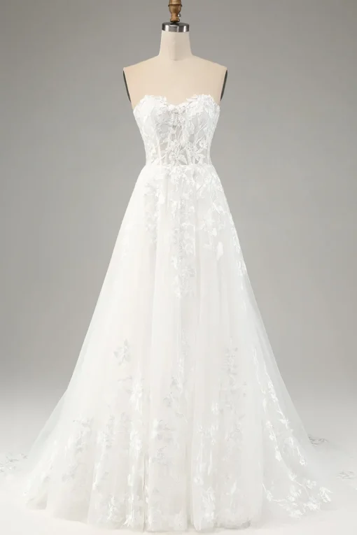 White A Line Tulle Long Sleeves Wedding Dress with Appliques Lace