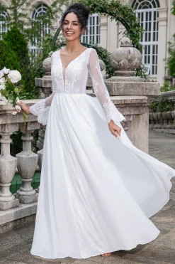 White A Line V Neck Long Sleeves Beach Boho Wedding Dress with Appliqued Lace