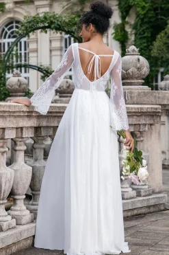 White A Line V Neck Long Sleeves Beach Boho Wedding Dress with Appliqued Lace