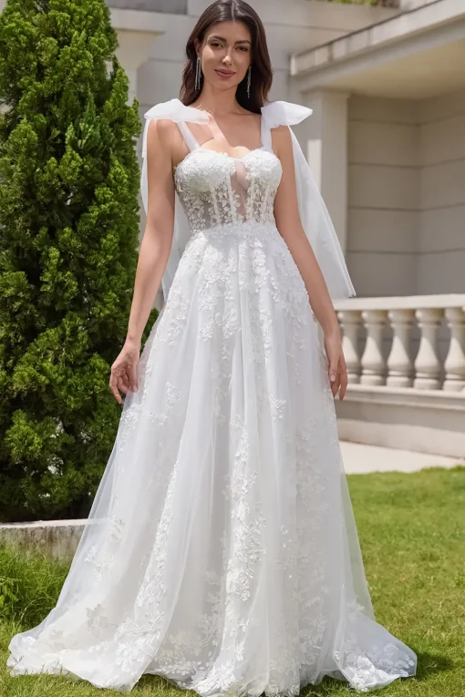 White A-Line Appliques Lace Up Tulle Corset Wedding Dress