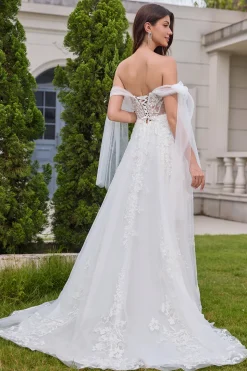 White A-Line Appliques Lace Up Tulle Corset Wedding Dress