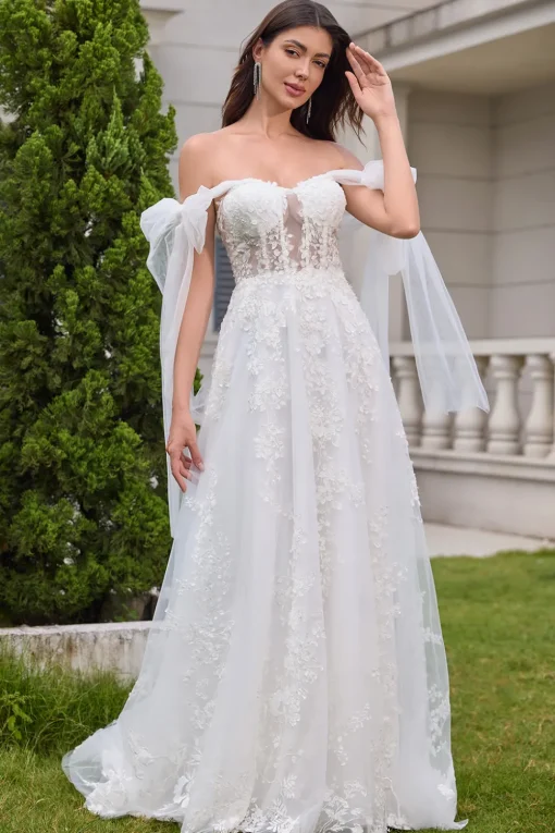 White A-Line Appliques Lace Up Tulle Corset Wedding Dress