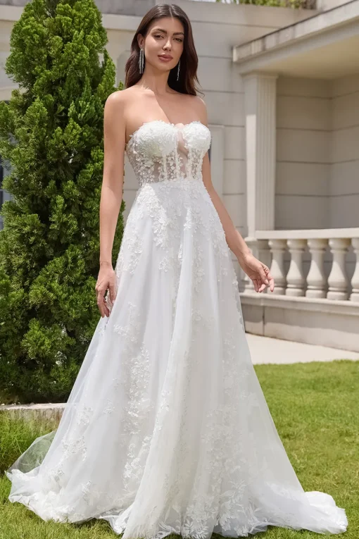 White A-Line Appliques Lace Up Tulle Corset Wedding Dress