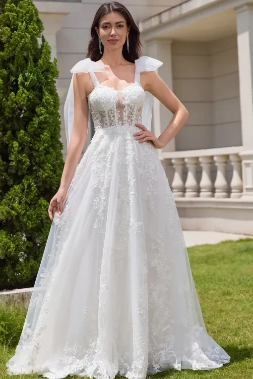 White A-Line Appliques Lace Up Tulle Corset Wedding Dress