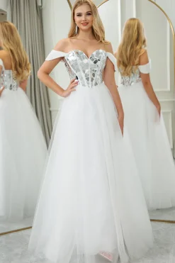 White A-line Off the Shoulder Tulle Corset Prom Dress