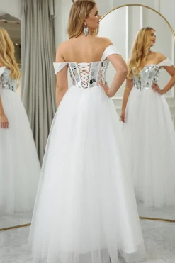 White A-line Off the Shoulder Tulle Corset Prom Dress