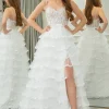 White A-line Spaghetti Straps Tulle Tiered Corset Prom Dress with Slit