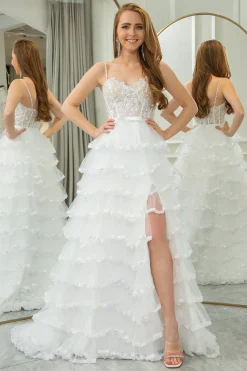 White A-line Spaghetti Straps Tulle Tiered Corset Prom Dress with Slit