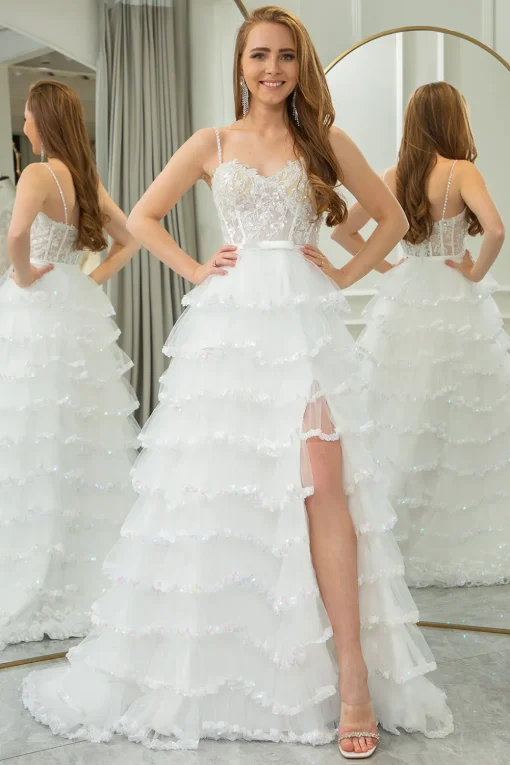 White A-line Spaghetti Straps Tulle Tiered Corset Prom Dress with Slit