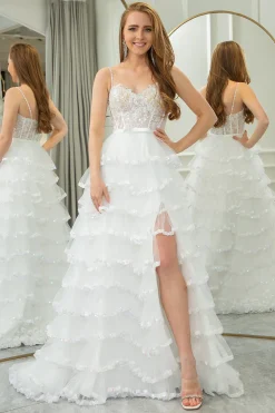 White A-line Spaghetti Straps Tulle Tiered Corset Prom Dress with Slit