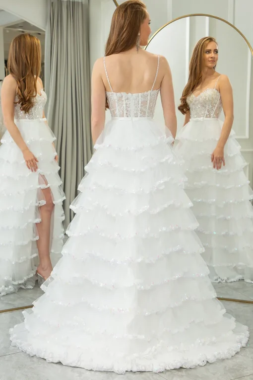 White A-line Spaghetti Straps Tulle Tiered Corset Prom Dress with Slit