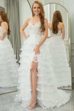 White A-line Spaghetti Straps Tulle Tiered Corset Prom Dress with Slit