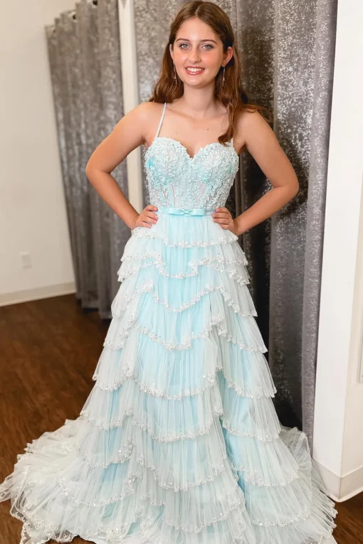 White A-line Spaghetti Straps Tulle Tiered Corset Prom Dress with Slit