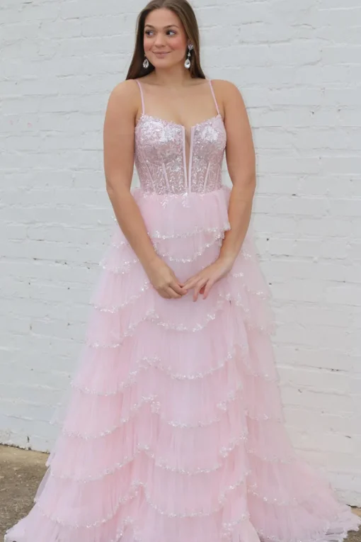 White A-line Spaghetti Straps Tulle Tiered Corset Prom Dress with Slit