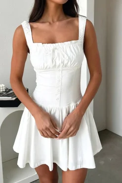White A-Line Square Neck Mini Graduation Dress