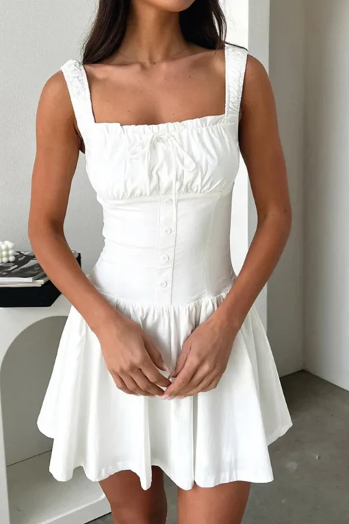White A-Line Square Neck Mini Graduation Dress