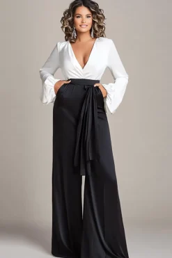 White and Black Deep V-neck Satin Long Sleeves Mother of the Bride Jumpsuits