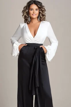White and Black Deep V-neck Satin Long Sleeves Mother of the Bride Jumpsuits