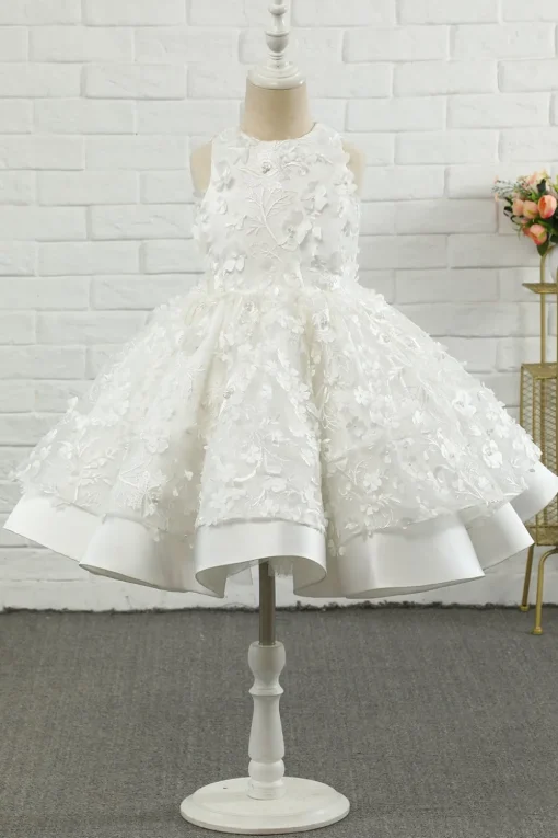White Applique Sleeveless Flower Girl Dress