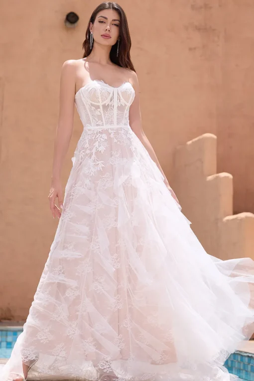 White Appliques A Line Sweetheart Corset Wedding Dress