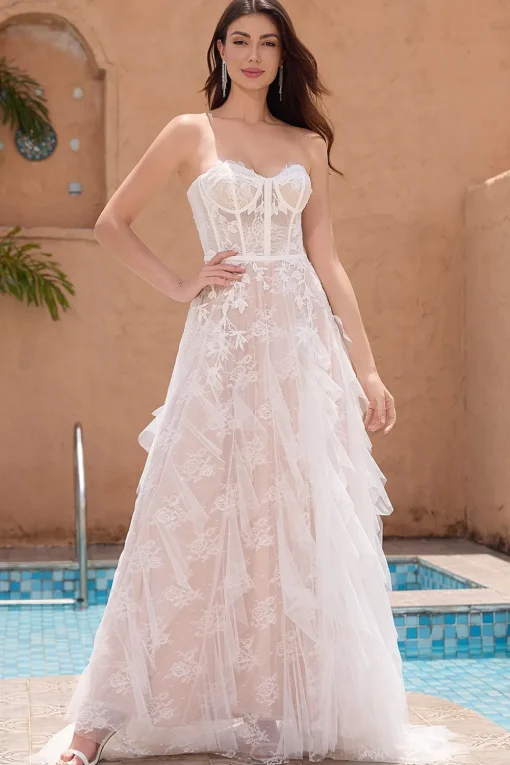 White Appliques A Line Sweetheart Corset Wedding Dress