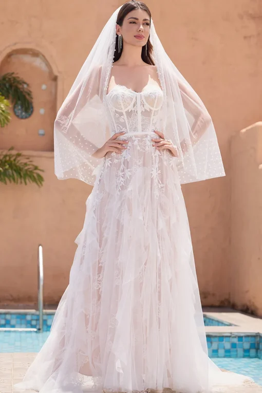 White Appliques A Line Sweetheart Corset Wedding Dress