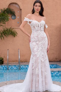 White Appliques Mermaid Off the Shoulder Wedding Dress