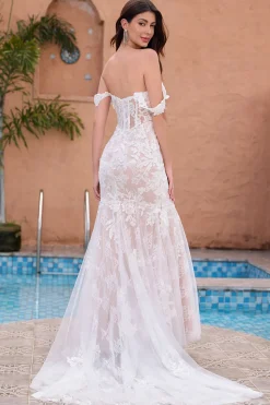 White Appliques Mermaid Off the Shoulder Wedding Dress