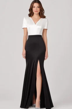 White Black Satin Sheath Mother Of Bride Dress with Slit