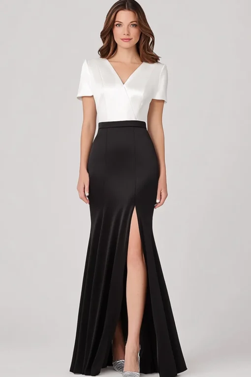 White Black Satin Sheath Mother Of Bride Dress with Slit