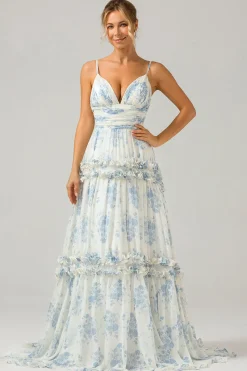 White Blue Flower A Line Long Tulle Bridesmaid Dress with Ruffles