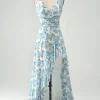 White Blue Flower A Line Ruffled High-Low Wedding Guest Dress