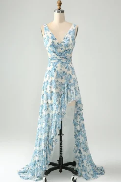 White Blue Flower A Line Ruffled High-Low Wedding Guest Dress