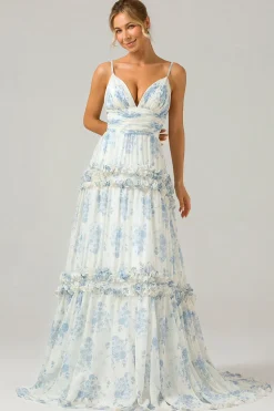 White Blue Flower A Line Long Tulle Bridesmaid Dress with Ruffles