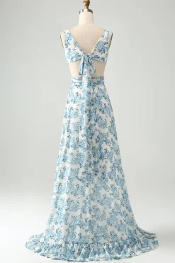 White Blue Flower A Line Ruffled High-Low Wedding Guest Dress